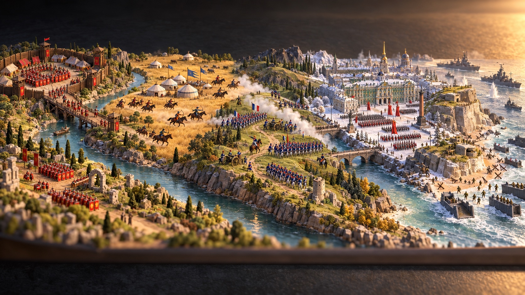 A long tabletop diorama running through two thousand years of war: a Roman camp, Mongol horsemen on the steppe, Napoleonic columns, a snowy St Petersburg square and a D-Day beach.