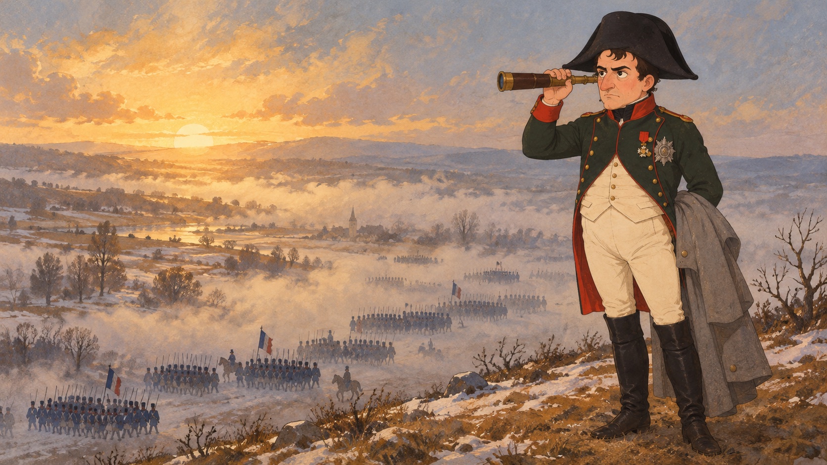 Napoleon with a spyglass on a snowy hill at sunrise, French columns advancing through fog below.