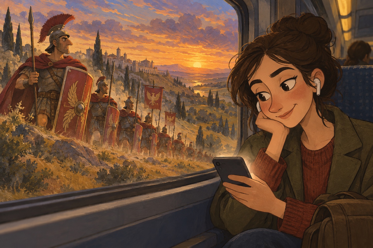 Painting of a young woman with earbuds on an evening train, smiling at her phone, while Roman legions march past the window.
