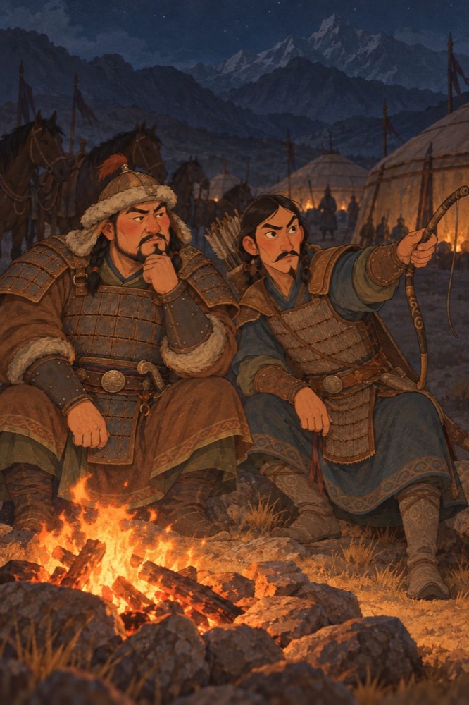 Subutai and Jebe, Mongol generals, planning by a campfire.