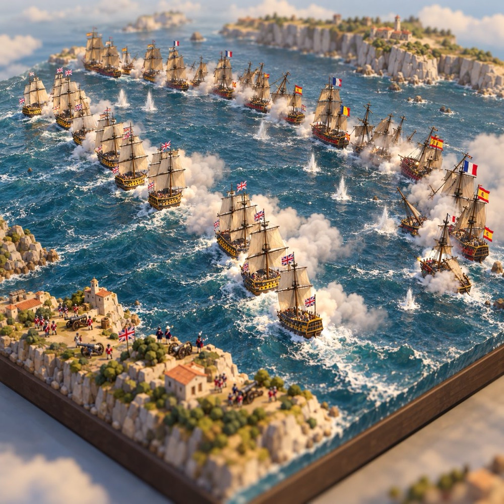 Diorama of the battle of Trafalgar, two lines of sailing warships.