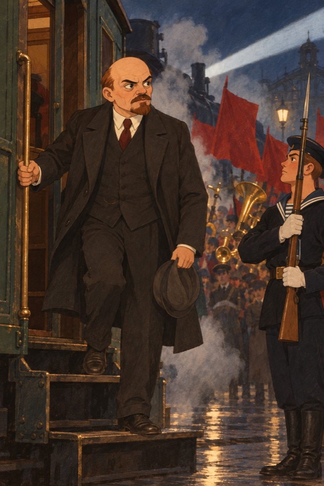 Lenin stepping off the train at the Finland Station.