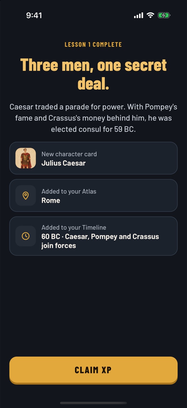 The lesson complete screen: Three men, one secret deal, with a new character card, an Atlas place and a Timeline moment.