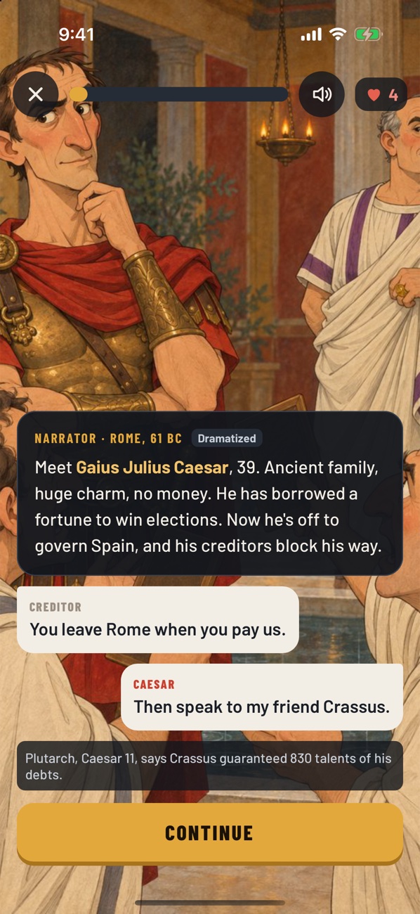 The app's painted scene step: Julius Caesar in a Roman atrium, with narration and dialogue.