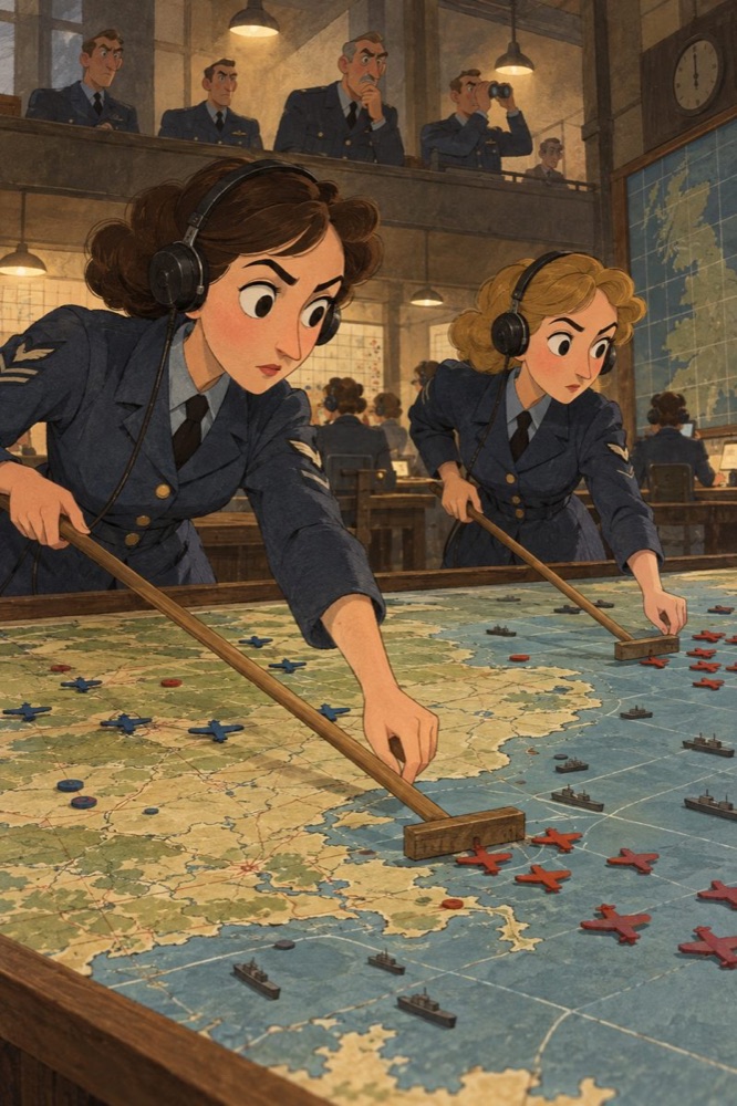 Women of the RAF moving markers on the plotting table of a filter room.